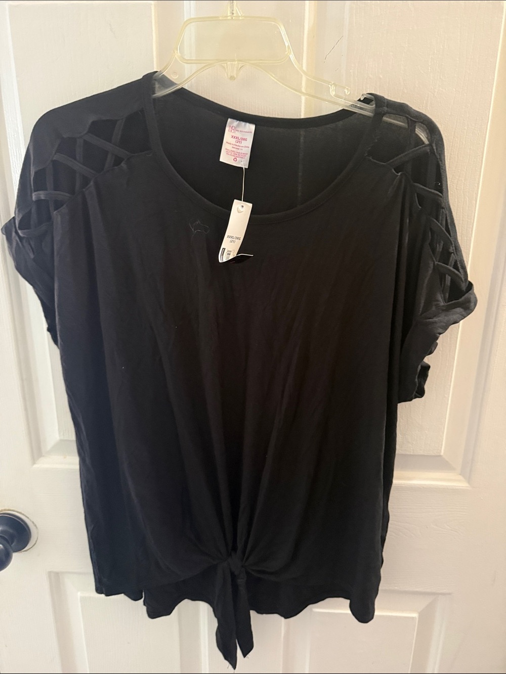 No Boundaries Black Short Sleeve Tie-Front Top with Ladder Cutout Shoulders